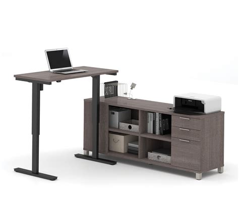 Modern Height Adjustable Sit Stand Desk With Credenza In Bark Gray