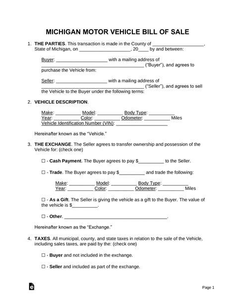 Free Michigan Motor Vehicle Bill of Sale - PDF | Word – eForms