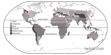 Climate Zones Robinson Projection World Map Geography Ks2 Black And White