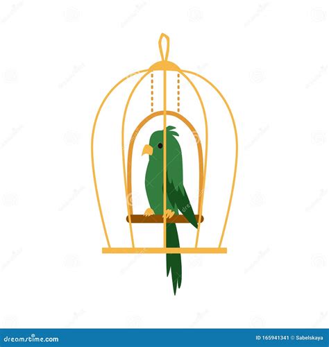 Green Exotic Parrot Bird In Cage Icon Flat Cartoon Vector Illustration
