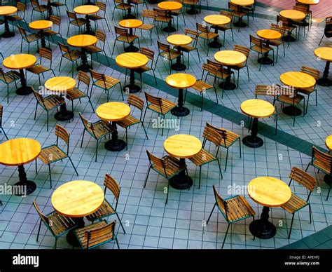 Aerial View Of Tables And Chairs Along The Food Court In The Old Post