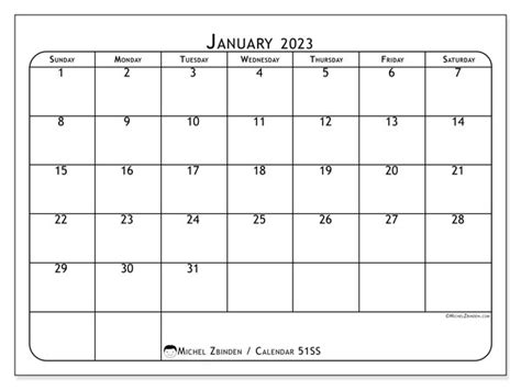 January 2023 Printable Calendar “501ss” Michel Zbinden Uk