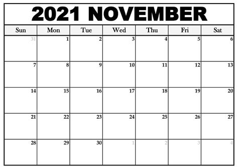 Print November 2021 Calendar Blank Template Pdf Word Excel