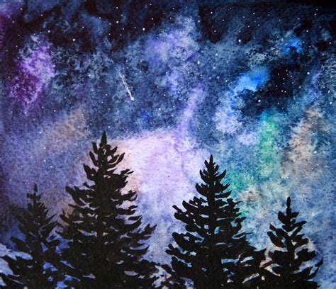 Night Forest Painting Galaxy Original Watercolor Forest Etsy