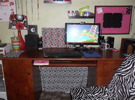 Hang something behind your desk. Computer room desk. I put fabric on the bottom of desk to ...