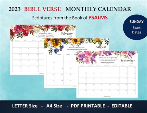 2023 Calendar Printable Bible Verse Psalm Scriptures Floral Etsy Canada