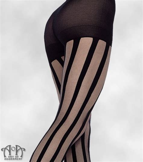 Black Sheer Vertical Striped Tights Pantyhose Gothic Cabaret Steampunk S