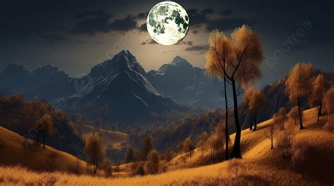 Mountain Under A Full Moon Background 3d Art Decor Wallpaper Landscape
