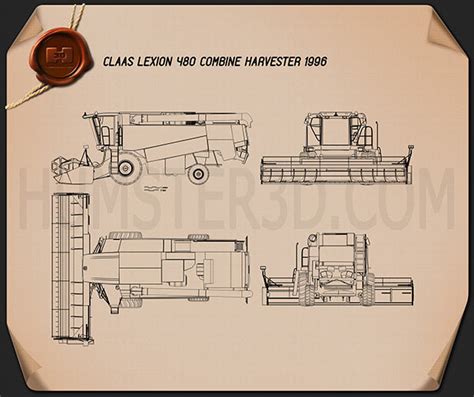 Claas Lexion 480 Combine Harvester 1996 Blueprint Hum3d