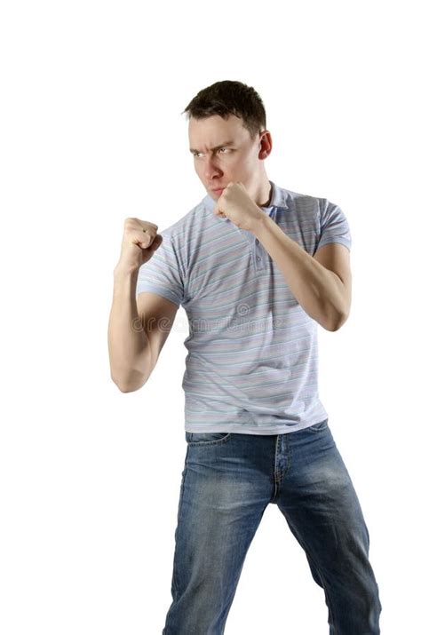 Angry Man Threatens His Fists On A White Background Stock Photo Image