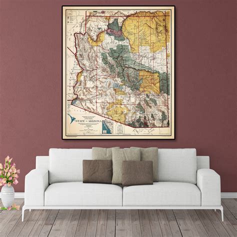 Old Map Of Arizona, Arizona State Vintage, Arizona Map, Arizona Wall Art, Arizona Poster, Large 