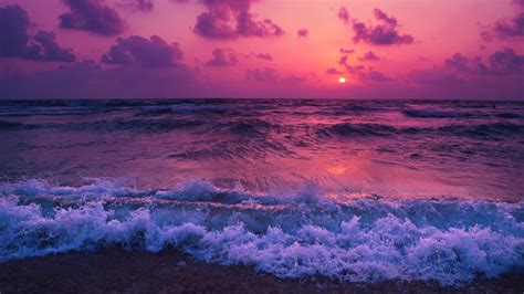 Download 1920x1080 Ocean Sunset Waves Foam Beach Wallpapers For