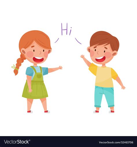 Friendly Kids Greeting Each Other Waving Hands And