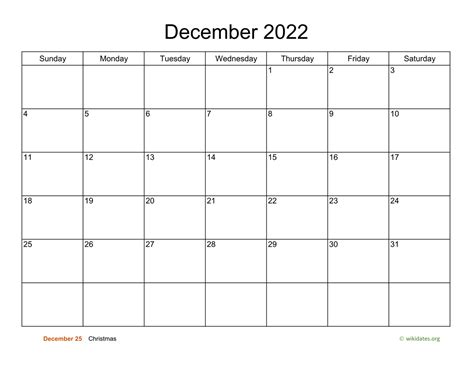 Basic Calendar For December 2022
