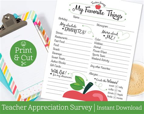 Teacher Survey Instant Download Teachers Favorite Etsy
