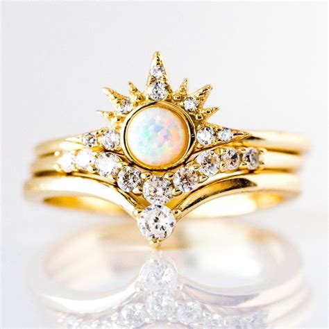 Create your own engagement ring. Starburst Stacking Ring Set in Gold with White Opal | Gold ...