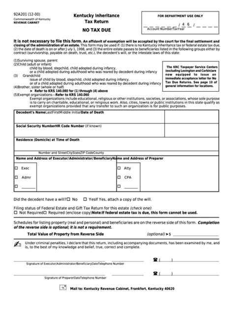 Form 92a201 Kentucky Inheritance Tax Return Printable Pdf Download