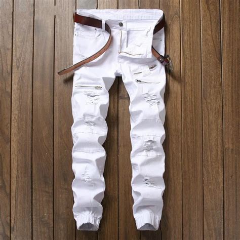 buy new white ripped jeans men with holes skinny famous designer brand slim fit
