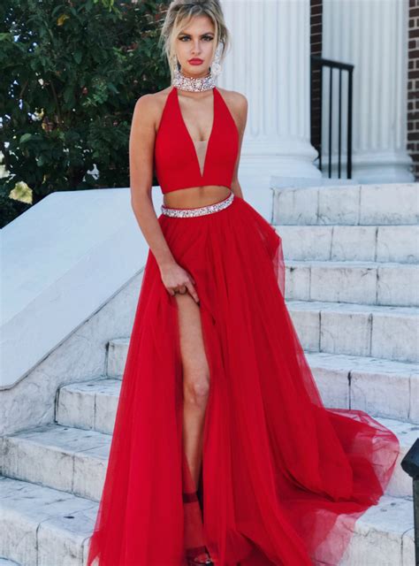 Gorgeous Two Piece Red Long Prom Dress With Slit