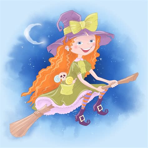 Premium Vector Halloween Holiday Greeting Card With Cute Witch