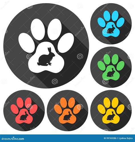 Rabbit Paw Print Icons Set With Long Shadow Stock Vector Illustration