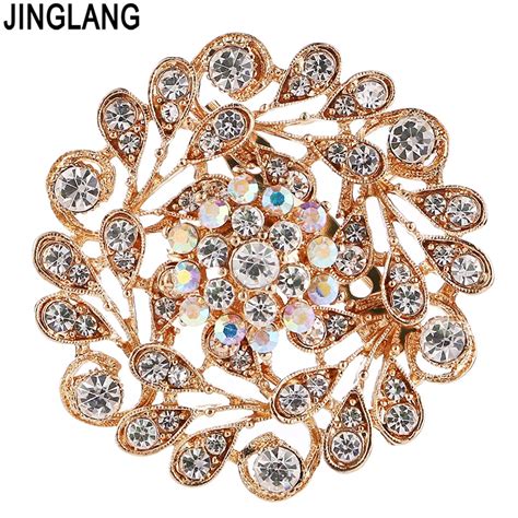 Jinglang Fashion Gold Color White Rhinestone Brooches High Quality Pierced Flower Brooches For