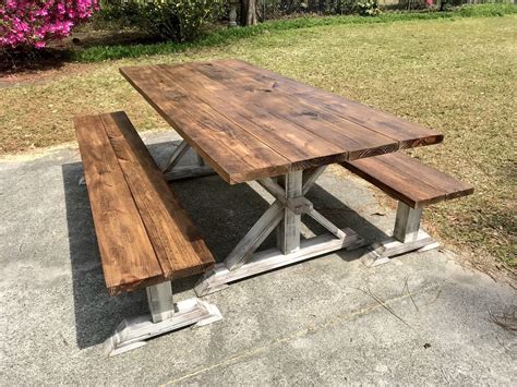 Rustic Pedestal 7ft Outdoor Farmhouse Table With Long Benches