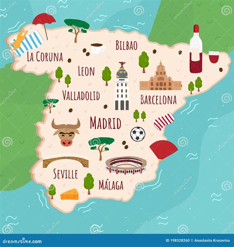 Cartoon Map Of Spain Travel Illustration With Spanish Landmarks