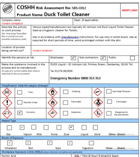 Coshh Risk Assessment Duck Toilet Cleaner