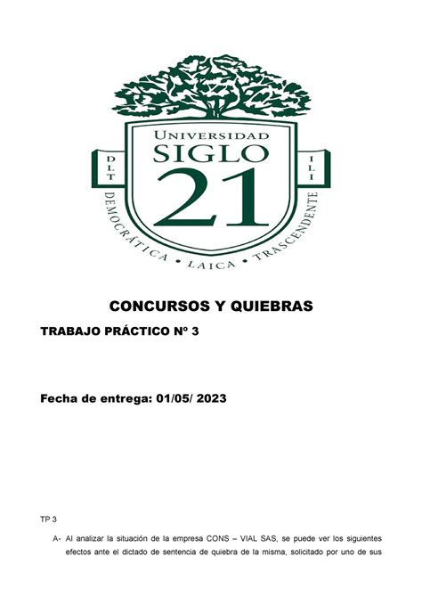 Tp3 Concursos Y Quiebras 2023 Concursos Y Quiebras Trabajo PrÁctico