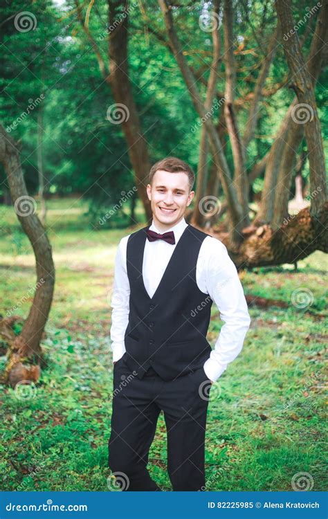 Gorgeous Smiling Groom Handsome Groom At Wedding Tuxedo Smiling And Waiting For Bride Elegant