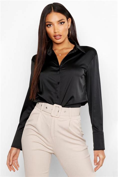 Womens Premium Satin Shirt Black 8 Black Satin Shirt Satin Shirt Outfits