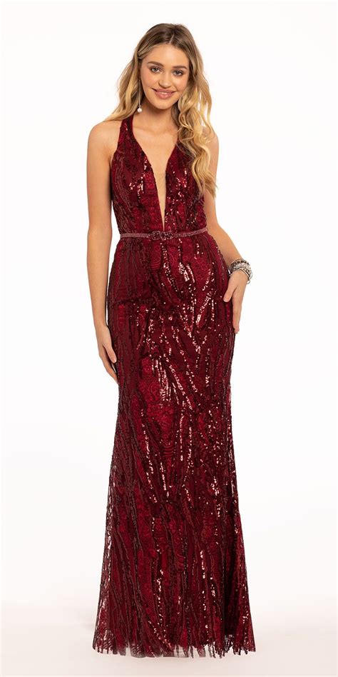 A halter top wedding dress features straps or fabric that turn inward, often tying, hooking or otherwise connecting behind the neck. Sequin Halter Plunge Belt Dress | Elegant wedding guest ...