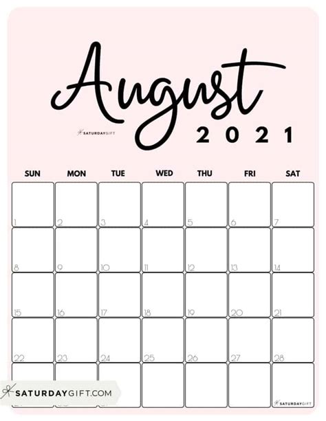 Cute And Free Printable August 2021 Calendar Saturdayt