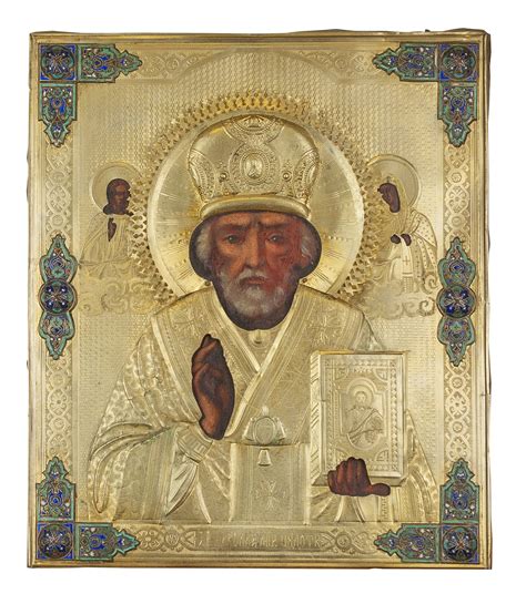 A Russian Icon Saint Nicholas In A Silvergilt Enamelled Oklad