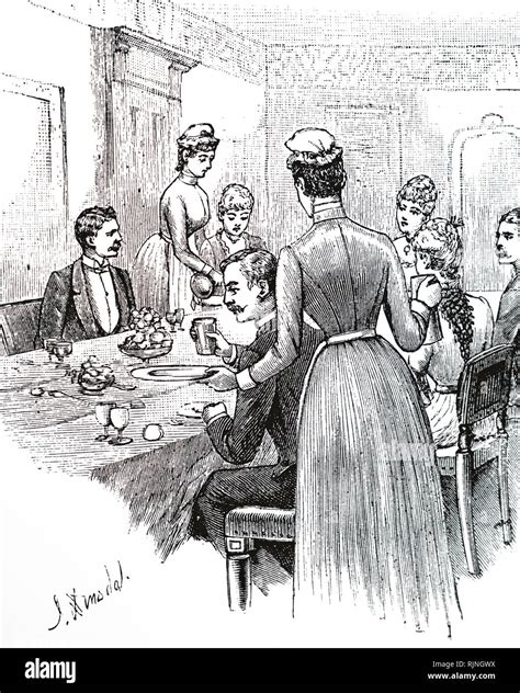 An Engraving Depicting Parlour Maids Serving At Table Dated 20th