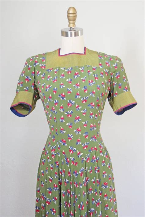 1930s Dress Vintage 30s Dress Olive Green Novelty Print Etsy Canada