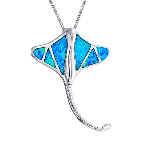 Stingray Sea Lover Pendant Blue Created Opal Necklace Sterling Silver