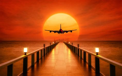 Airplane Sunset Takeoff Wallpapers Hd Wallpapers
