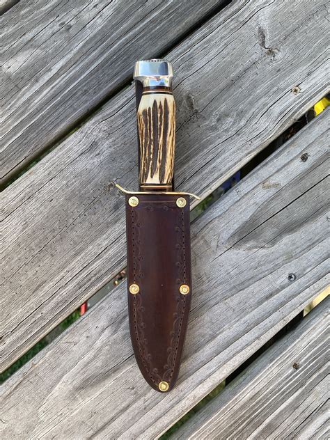 Vintage Edge Brand Bowie Knife With Hand Made Leather Sheath