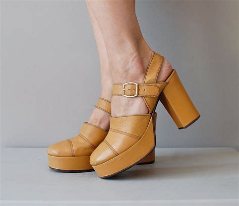 Platform Shoes 1970s Platforms Heels Mustard Mary Janes