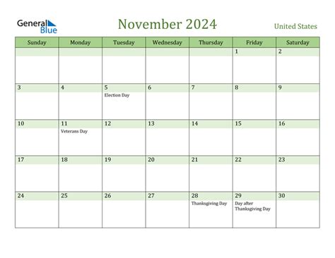 November 2024 Calendar With United States Holidays 2024 Calendar
