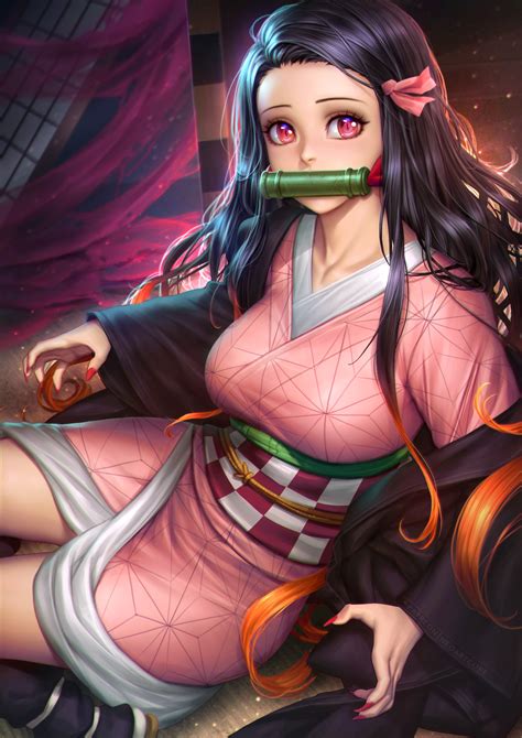 Long Hair Liang Xing Liang Xing Artwork Kamado Nezuko Kneeling Brunette High Angle