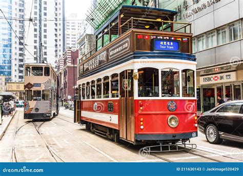 Famous Double Decker Trams On The Street Of Hong Kong Editorial Stock