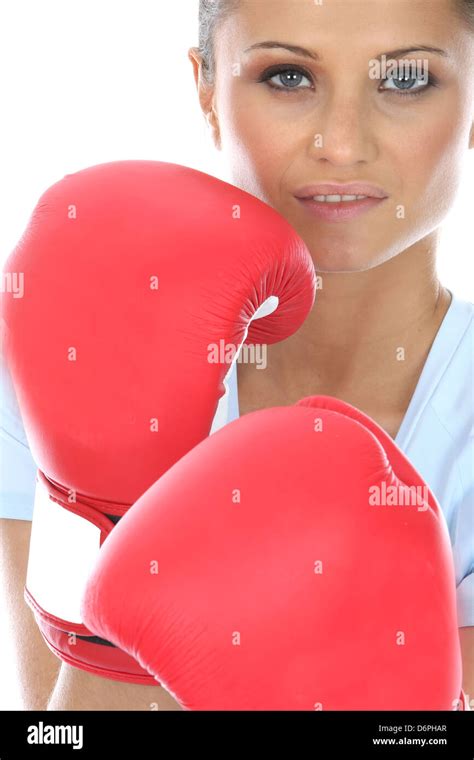 Confident Happy Young Blonde Woman Wearing Red Boxing Gloves Isolated