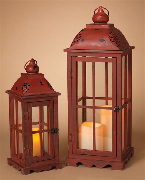 Antique Red Metal And Wood Lanterns Set Of 2