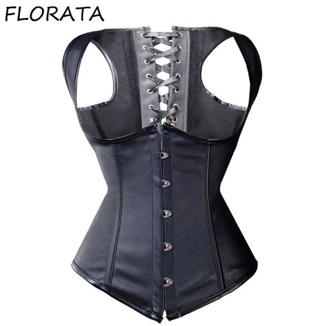 florata black sexy 8 spiral steel boned steampunk faux leather corset underbust top waist