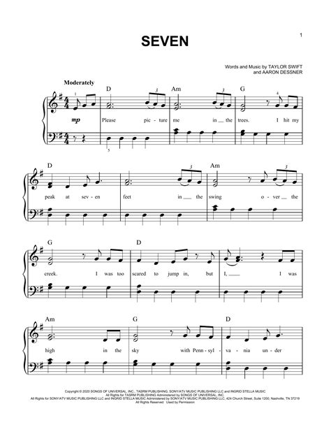 Seven Taylor Swift Easy Piano Sheet Music Download