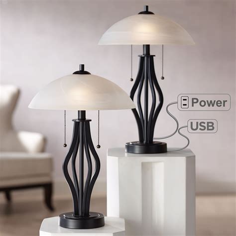360 Lighting Modern Accent Table Lamps Set Of 2 With Usb Port And Outlet Dark Metal Base Glass