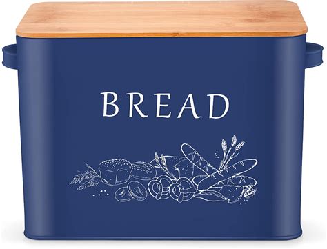 Herogo Bread Bin Metal Bread Box With Wooden Lid For Cutting Bread